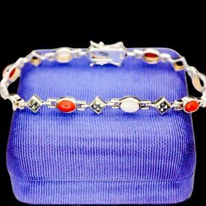 925 Sterling Silver Mother of Pearl Marcasite Multi Stone Link Vintage Bracelet